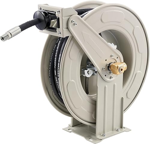 VEVOR Oil Hose Reel, 1/2 inch x 50 ft Retractable, Spring Driven Auto Swivel Rewind, Max 3625 PSI, Heavy-Duty Carbon Steel Construction with Steel Wire Braided Hose, for Engine/Gear/Hydraulic Oil