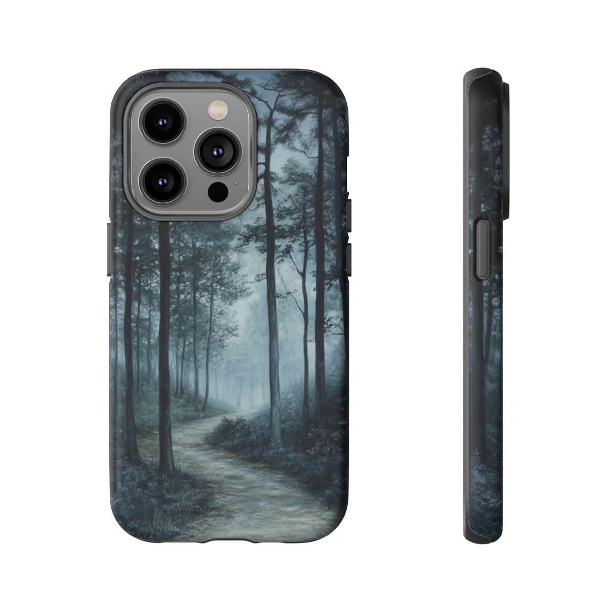 Coque iPhone 14 Pro bleue mate Misty Forest Path pour voyage - 5