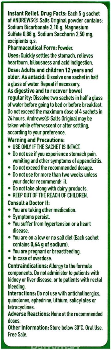 Andrews Salts Original Instant Relief from Upset Stomach, Heartburn, Indigetsion- 50 sachets