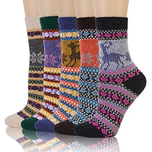 5 Pairs Womens Warm Wool Socks Winter Vintage Thick knit Soft Cabin Cozy Crew Socks Gifts