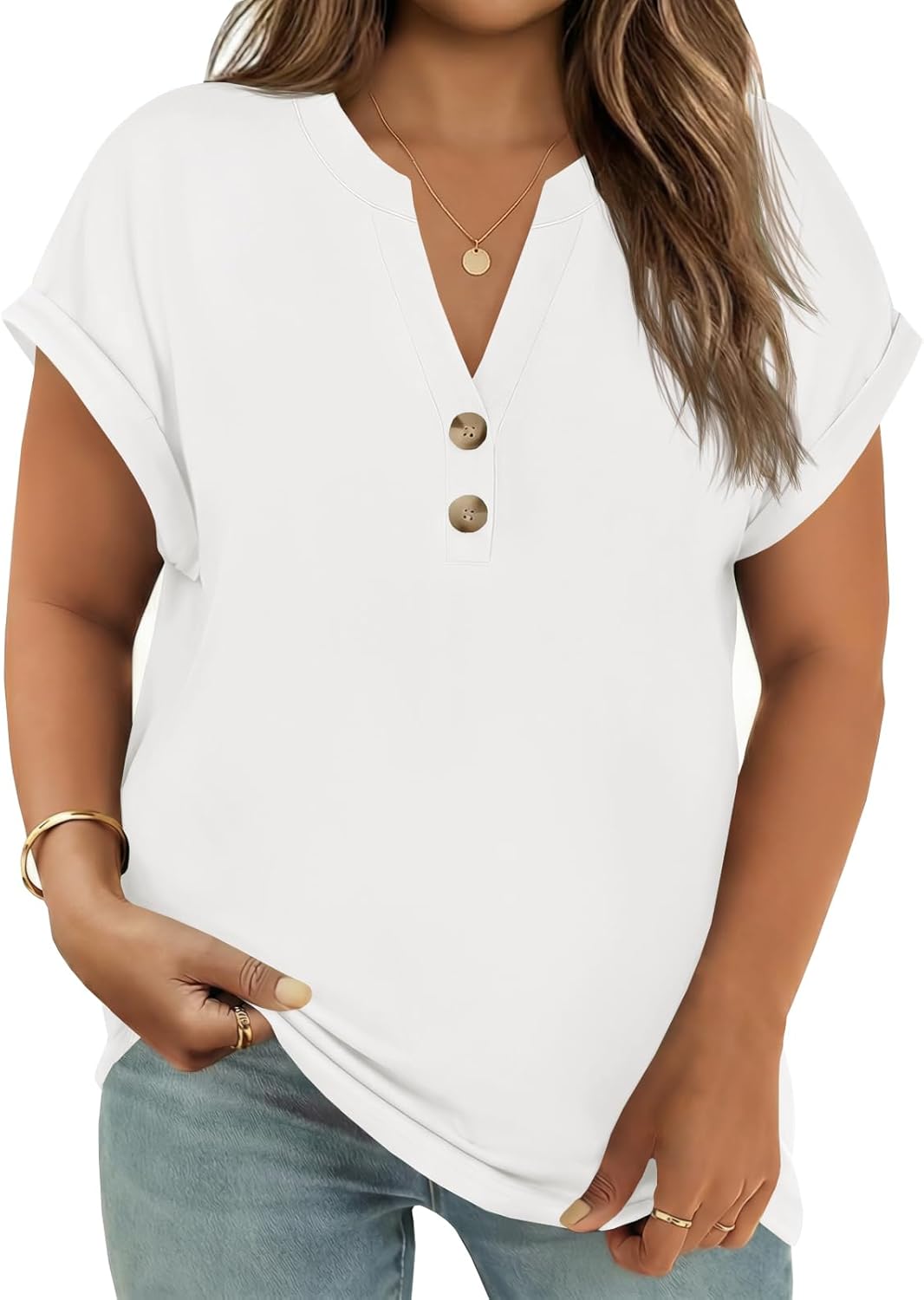 Beautife Womens Plus Size Short Sleeve Henley Tops Summer Button V Neck Blouses 2026 Dressy Casual Loose T Shirts