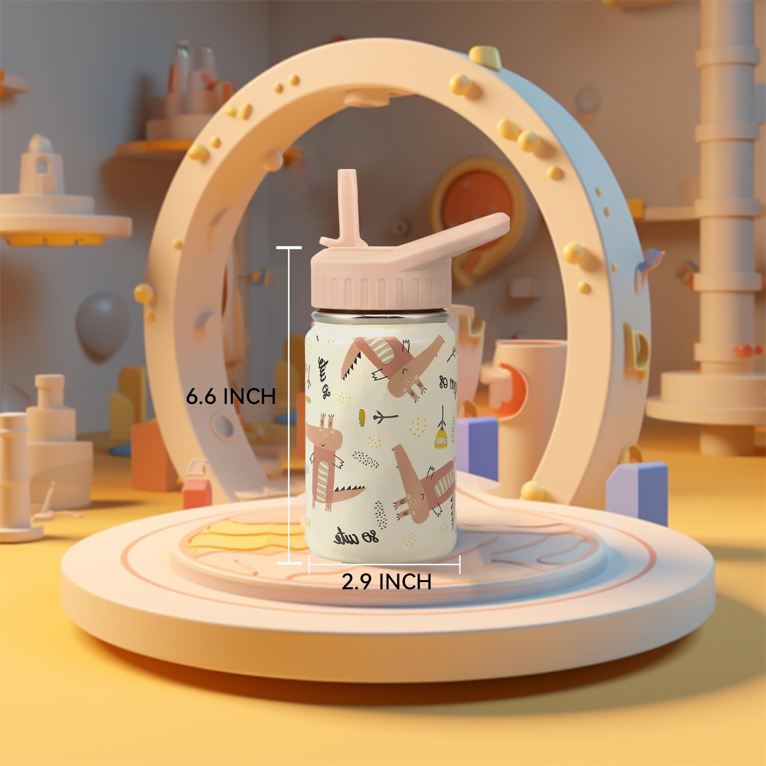 SANTECO Borraccia Bambini Acciaio Inox, Bottiglia Termica a Prova di Perdite con Cannuccia, Termos 350 ml, Senza BPA, Coccodrillo