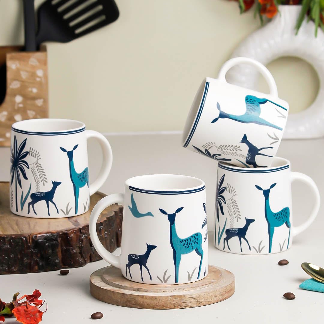 The Earth Store Stag Blue Coffee Mug Set of 4 to Gift to Best Friends, Coffee Mugs, Microwave Safe Ceramic Mugs,(300 ml Each)