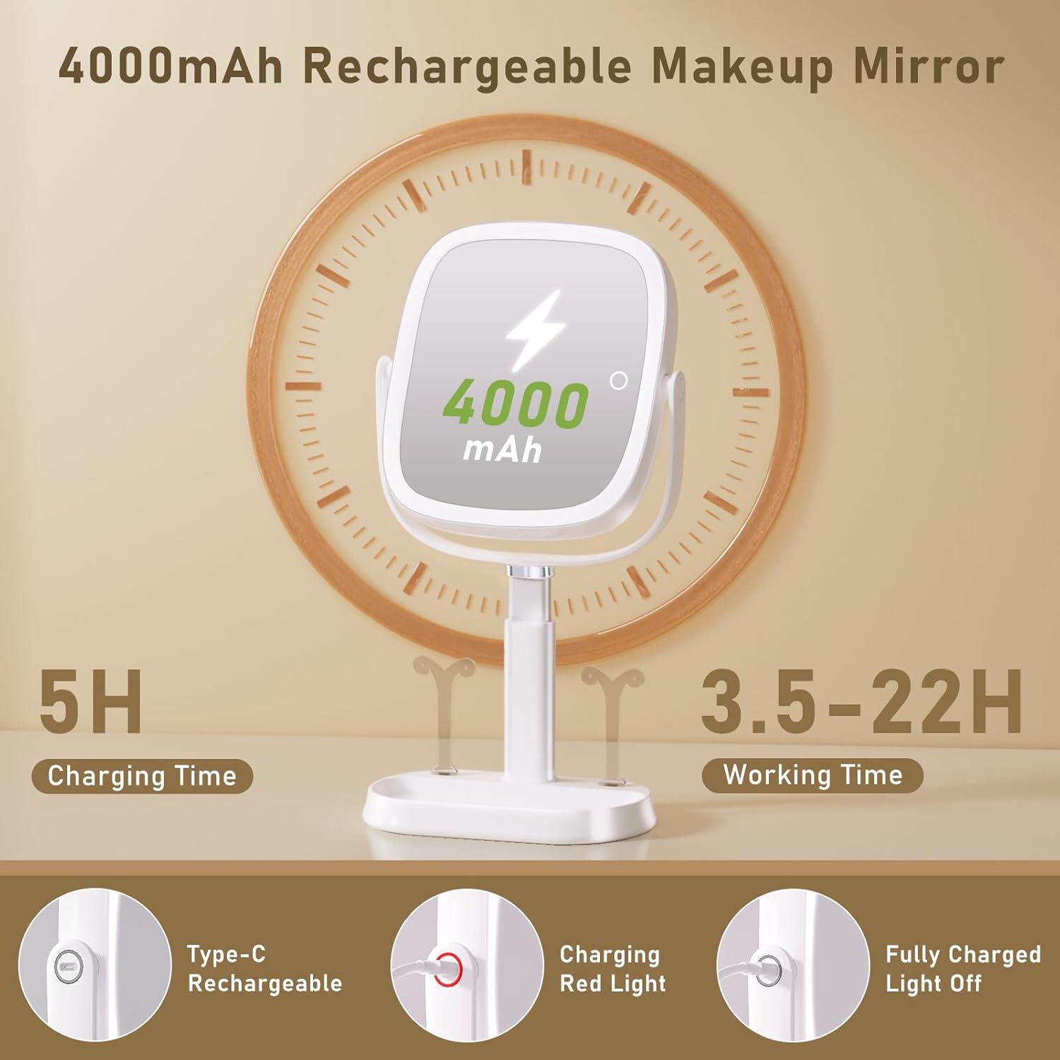 Vanity Mirror with Lights, Rectangular Lighted Makeup Mirror with 3 Color Lights, 1X/10X Magnification, Adjustable Height, 360° Rotation, 4000mAh Rechargeable for Desk, Gifts for Women