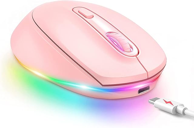 Seenda Silent Bluetooth Mouse, Rechargeable 3-Mode Bluetooth Wireless Mouse for Kids, Laptop, Tablet, PC, Windows 7/8/10, Macbook, Android, Cute LED Backlit, DPI (1000/1600/2400) - Pink