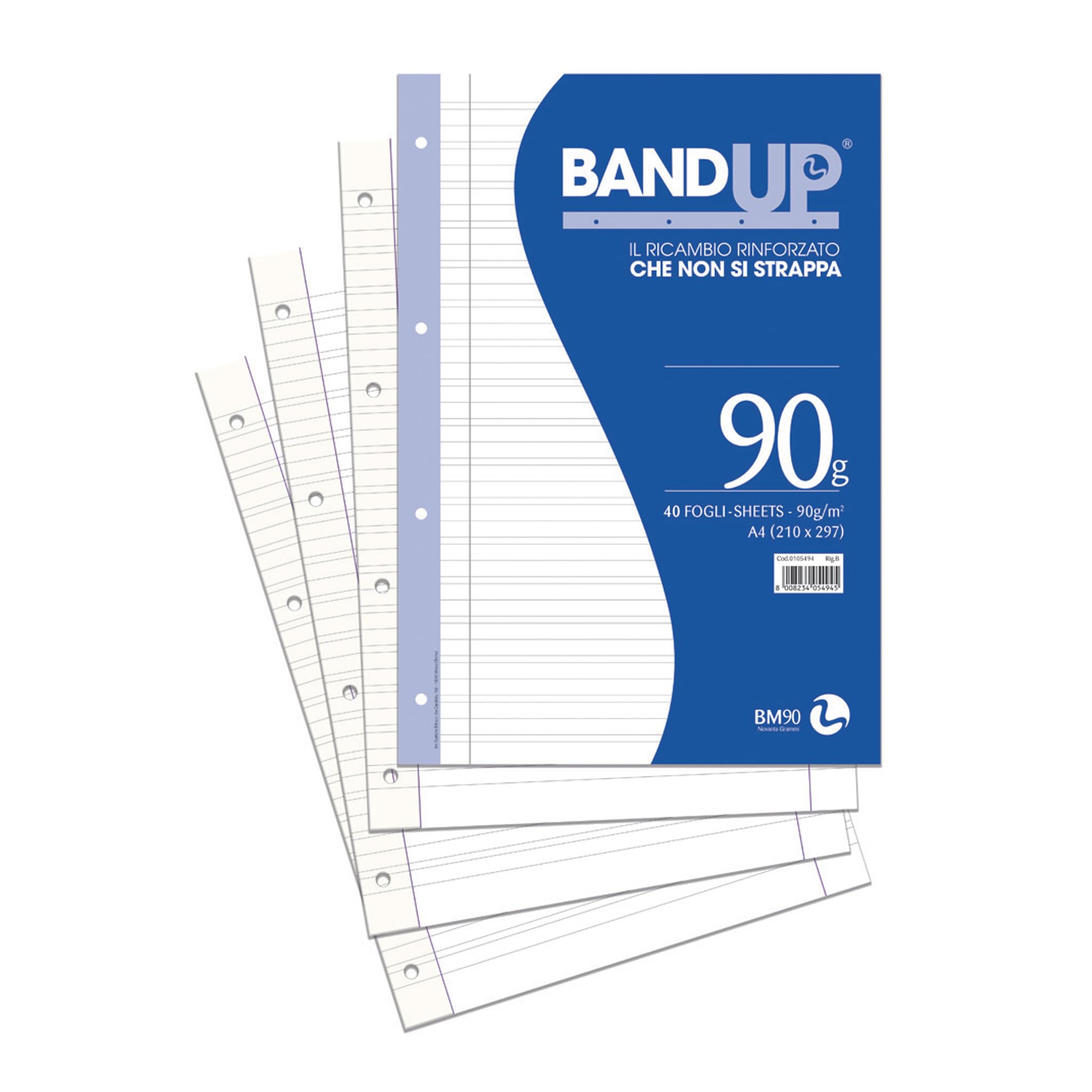 BM BeMore Ricambi Bandup A4 Con Banda Rinforzata Rigatura B Righe Con Margini 40 Fogli Carta 90G/Mq