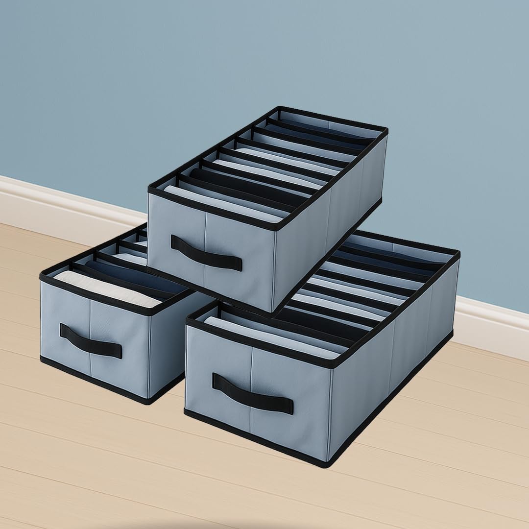 Greytip Foldable Wardrobe Organizer with Partitions | Closet Drawer Organizers for Jeans, Pants, T-shirts, Sweaters, Kids Clothes | Cabinet Organizer with handle & Base Board (Segments, Pack of 2)