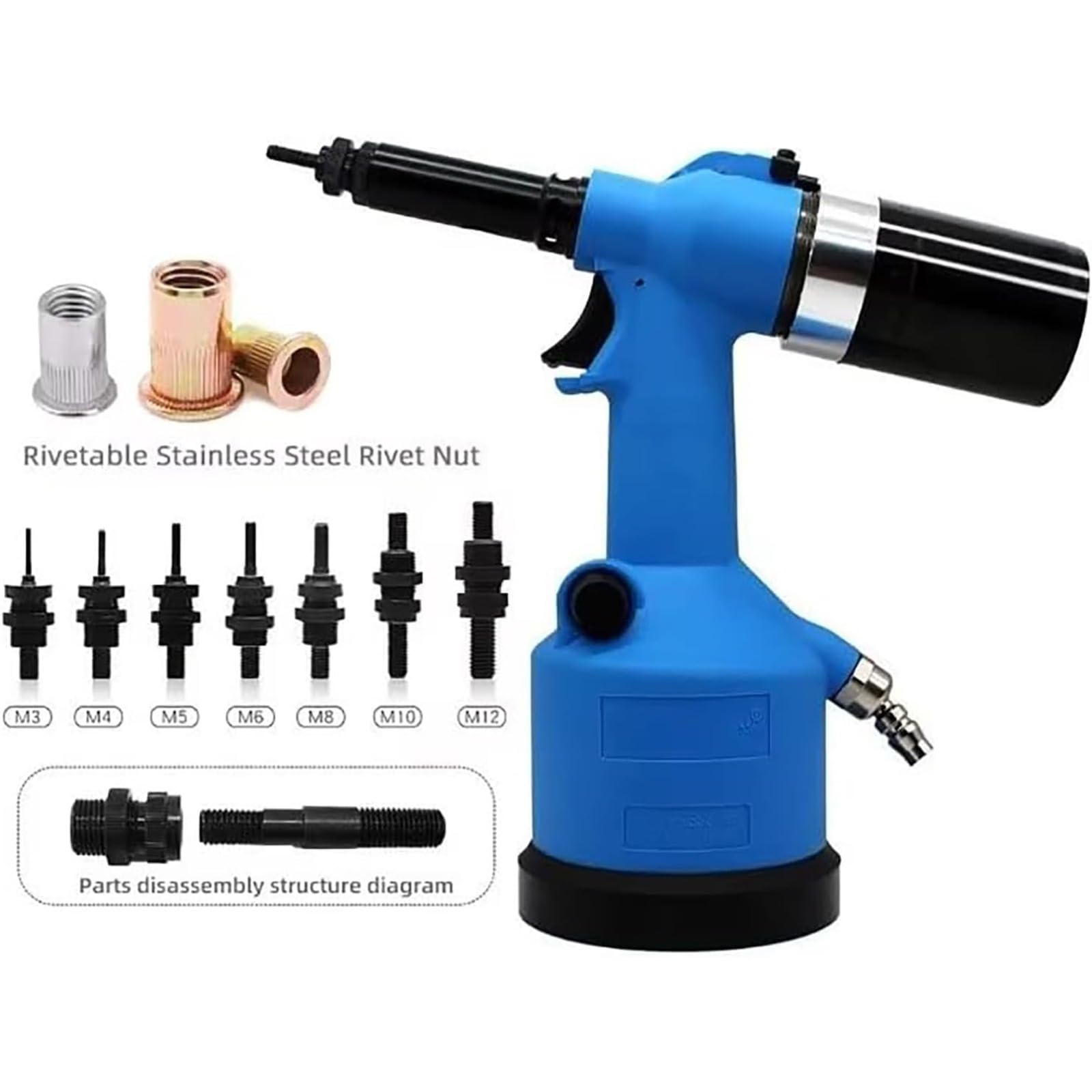 Zestaw narzędzi hydraulicznych do nitów pneumatycznych, nitownica pneumatyczna, mocny pistolet do nitowania, 7 nasadek, napięcie robocze 19,1 kN, dla mechaników i majsterkowania