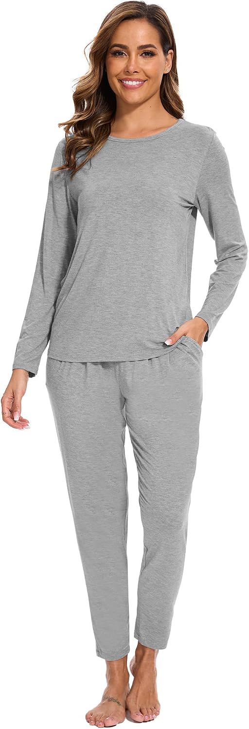 GYS Bamboo Viscose Women Pajama Sets Long Sleeve Crew Neck Lounge Set with Pockets