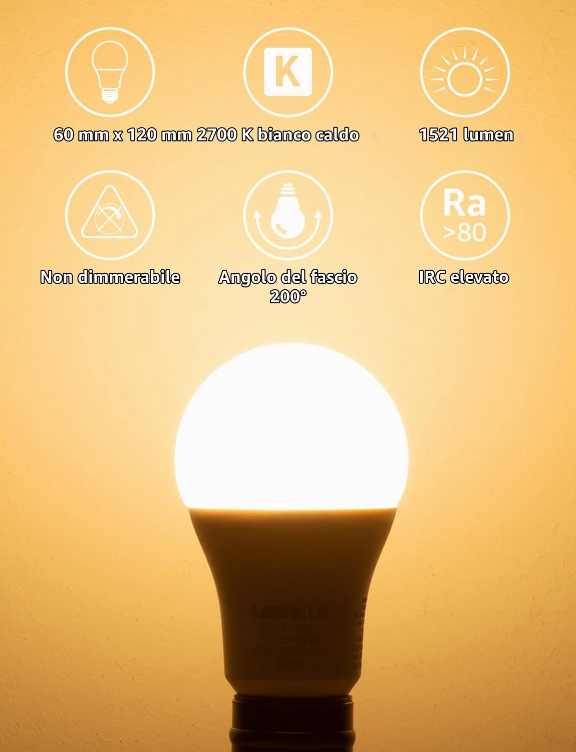 Lepro Lampadine LED E27 A60 1521LM, 13W ≈ 100W, 2700K, Angolo 180°, 12pcs | Non Dimmable, CRI>80, LED Lampadina Super Luminosa, Nessuno Sfarfallio, Risparmio Energetico Superiore al 87%
