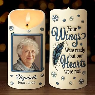 Custom Photo Your Wings Were Ready But Our Hearts Were Not LED Candle Sympathy Bereavement Gift for Man Woman Loss Of Mom In Memory Of Mom Dad In Heaven on Memorial Day Flameless Candle Light Decor