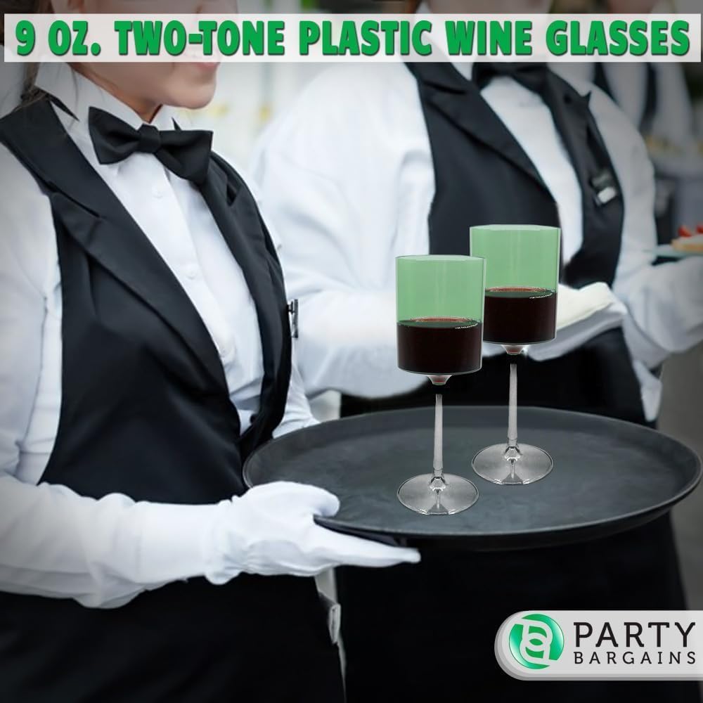 PARTY BARGAINS Plastic Wine Glasses 9 oz, Two-Tone Shatterproof Stemmed Party Cups for Weddings, Parties & Outdoor Entertaining, Green & Clear, 10 Pack