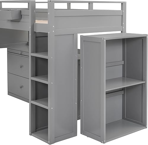 Miniatura 195 de Quarte Cama alta multifuncional, cama alta tamaño matrimonial con escritorio integrado y estantes de almacenamiento, dos cajones y escalera de