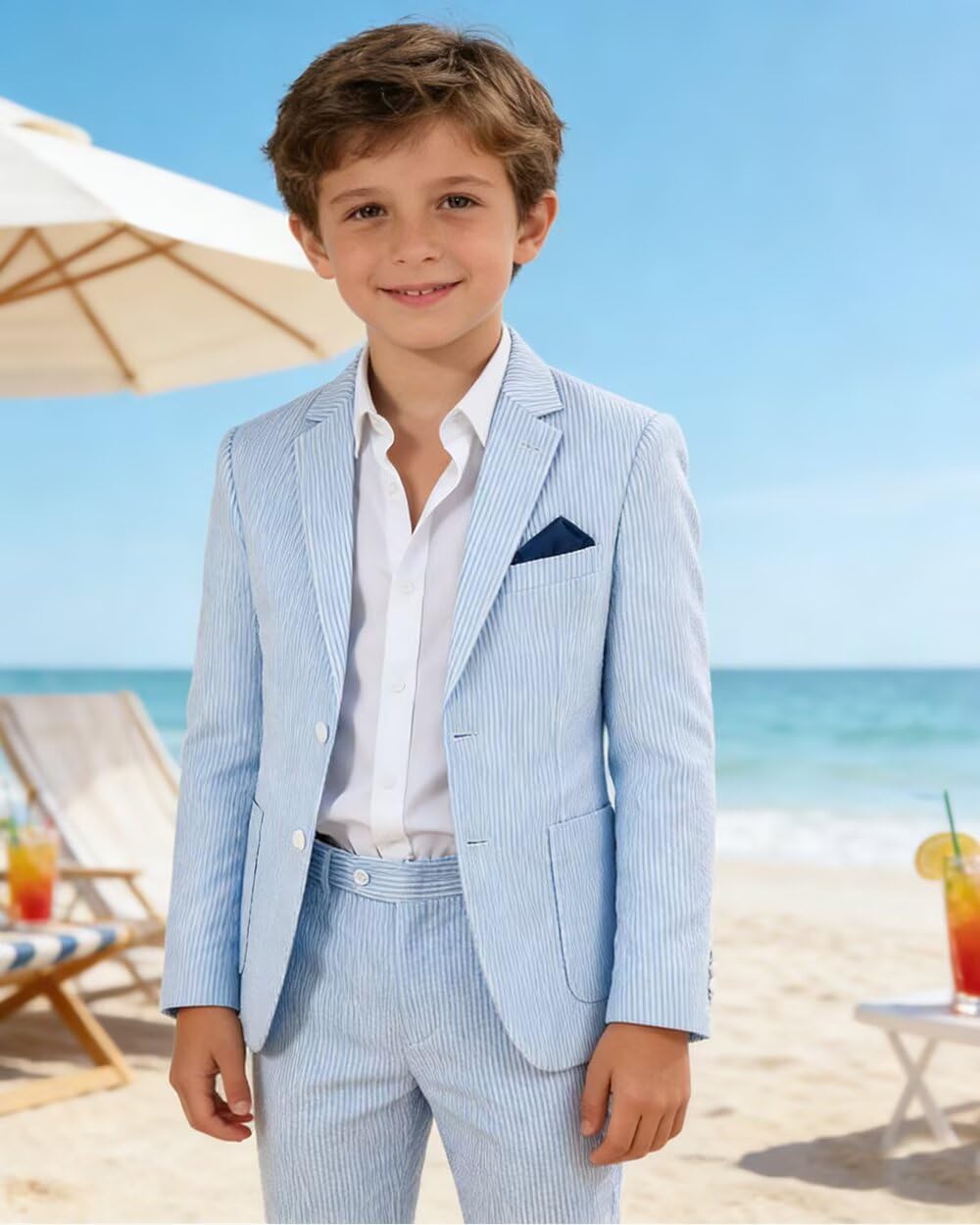 Bofan Seersucker Boys Suit Casual 2 Piece Stripe Suits for Boy Blazer Jackets Pants Summer Beach Wedding Tuxedo Set