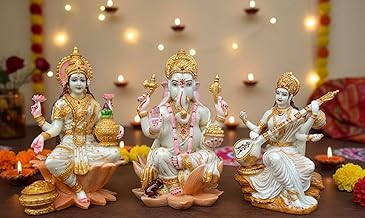 7 Inches Laxmi Ganesh Saraswati Idol for Diwali Puja & Home Decor Handmade Lakshmi Ganesh Saraswati Murti God Idol Religious Home Decor Spiritual Showpiece (Marble)
