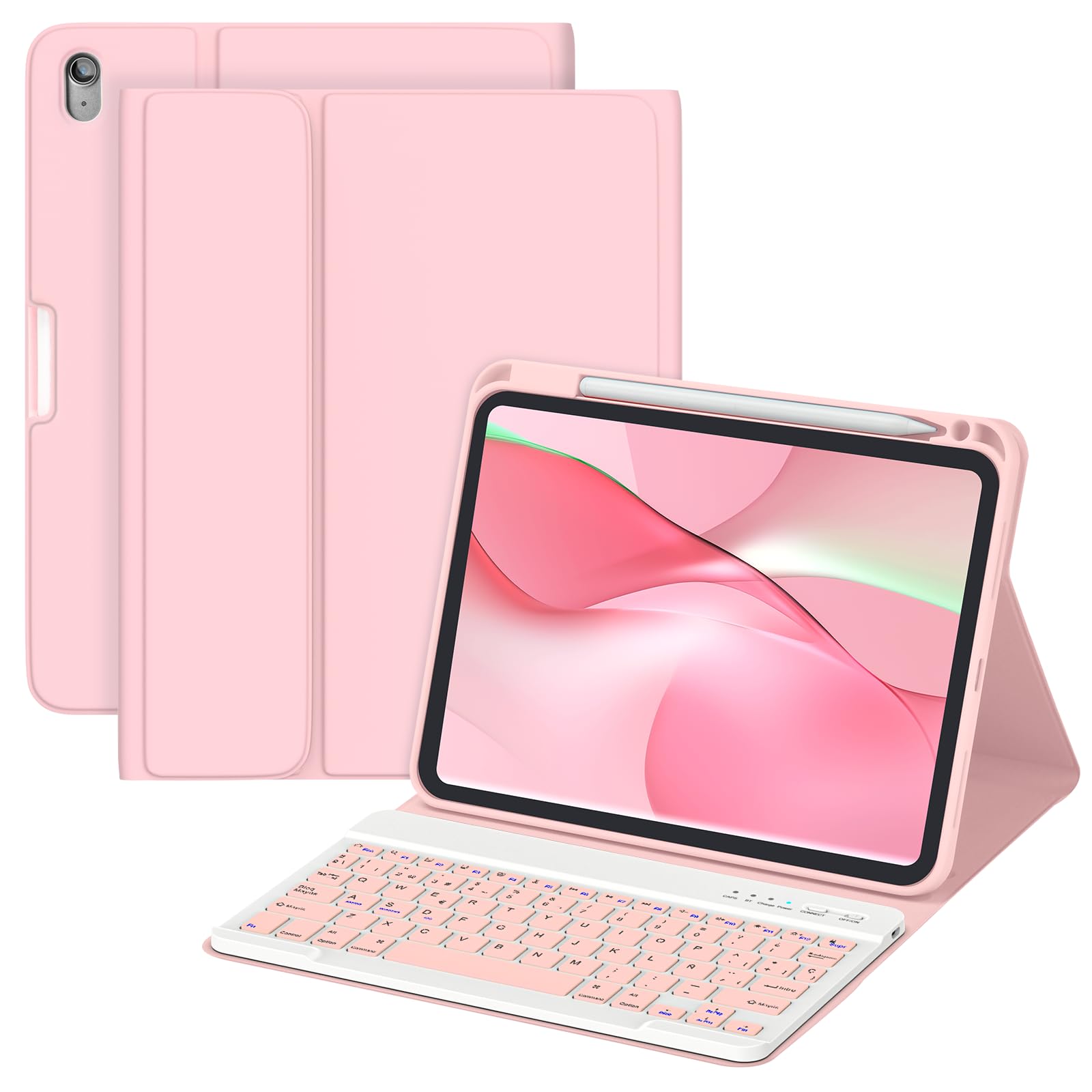 MMK Funda con Teclado para iPad A16 11ª Generación 2025/10ª Generación 2022, QWERTY Español Ñ, Funda Teclado iPad 11/10 Gen Bluetooth Inalámbrico Desmontable (Rosado)
