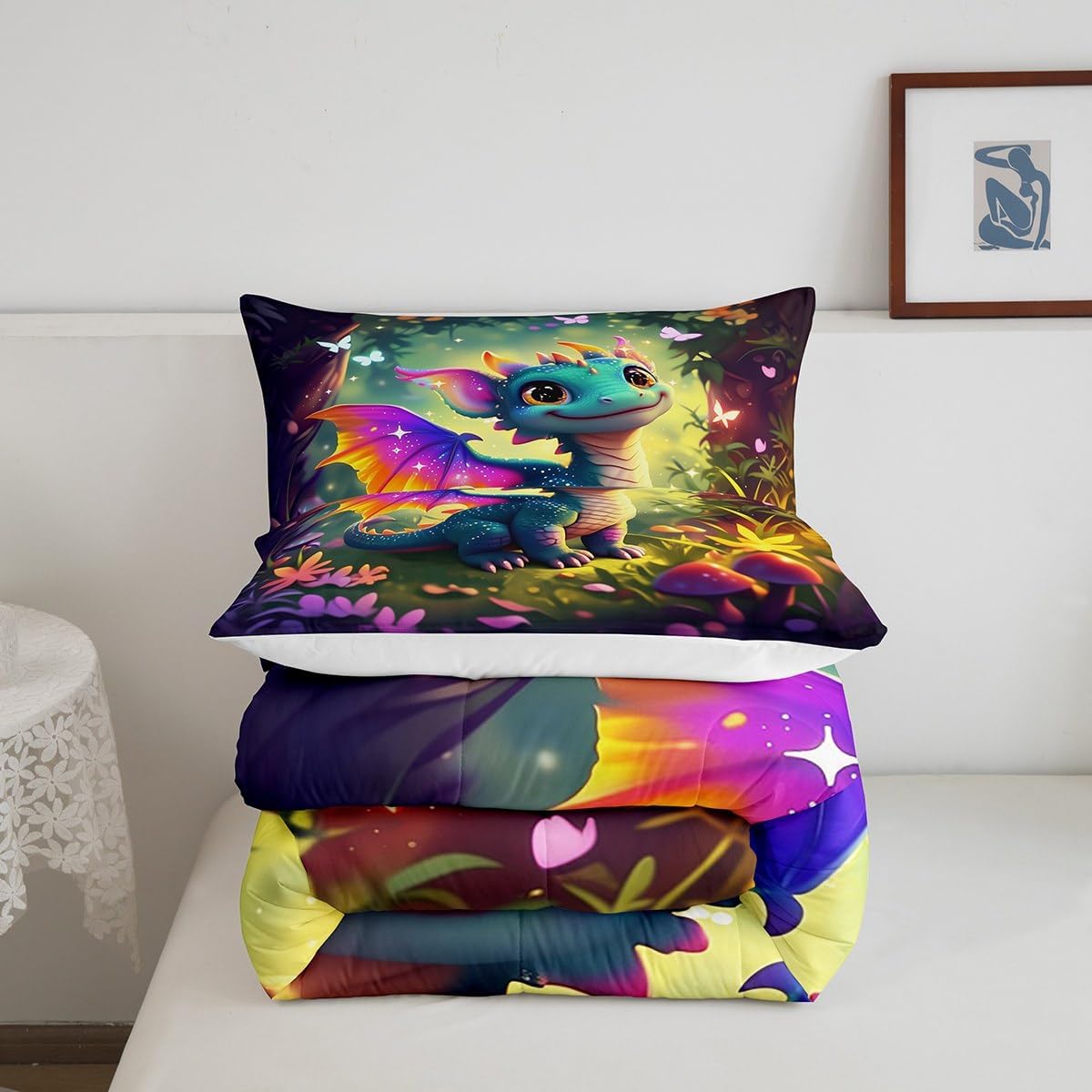 Castle Fairy Cute Dragon Comforter Set King Size Mushroom Floral Butterfly Bedding Set Toddler Bedroom Decor Purple Orange Wings Dragon All Season Quilt Set Dreamy Jungle Bedding Comforter Sets,3Pcs