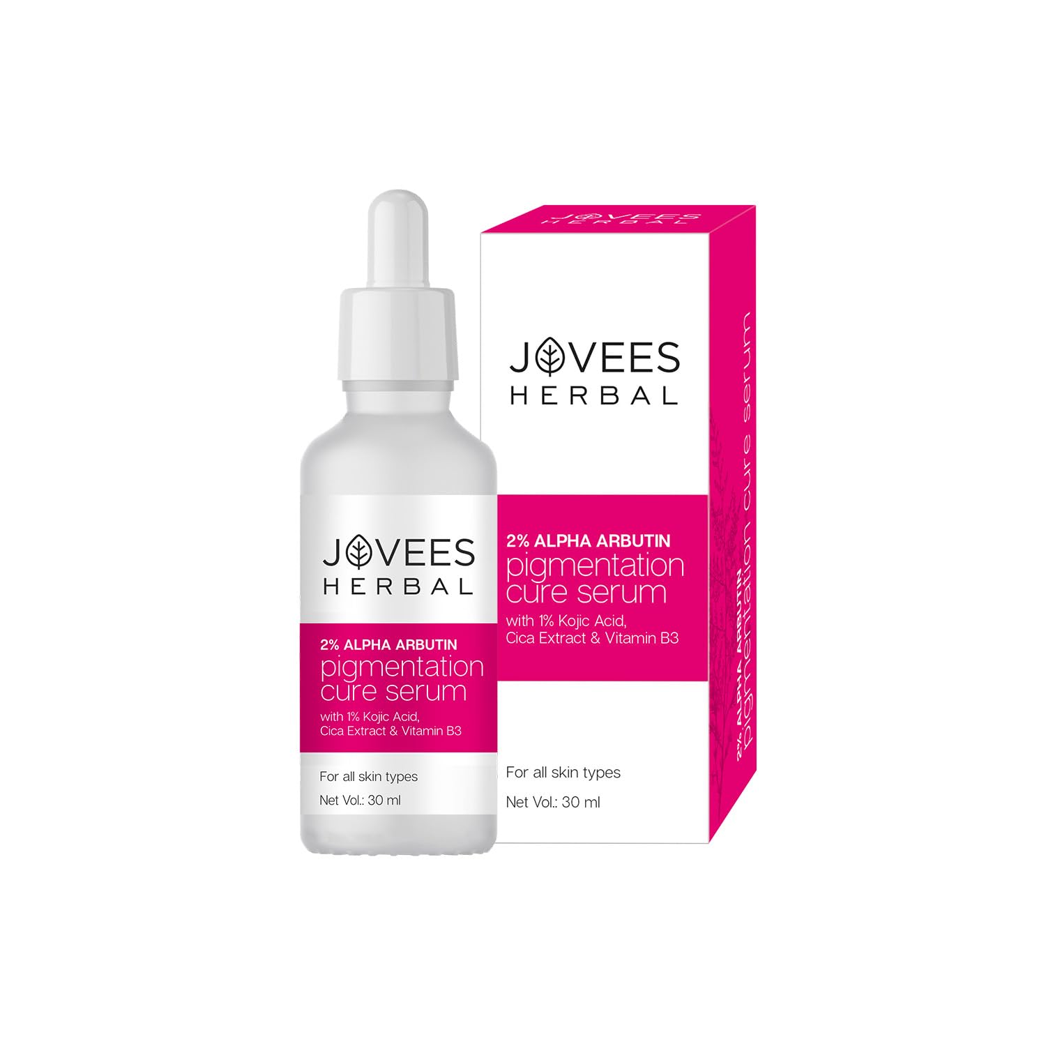 Jovees Herbal 2% Alpha Arbutin Pigmentation Cure Serum With 1% Kojic Acid, Cica Extract & Vitamin B3 | Reduces Blemishes & Improves Skin Texture | Brightens Skin | For All Skin Types | 30 ml Jovees Herbal 2% Alpha Arbutin Pigmentation Cure Serum With 1% Kojic Acid, Cica Extract & Vitamin B3 | Reduces Blemishes & Improves Skin Texture | Brightens Skin | For All Skin Types | 30 ml