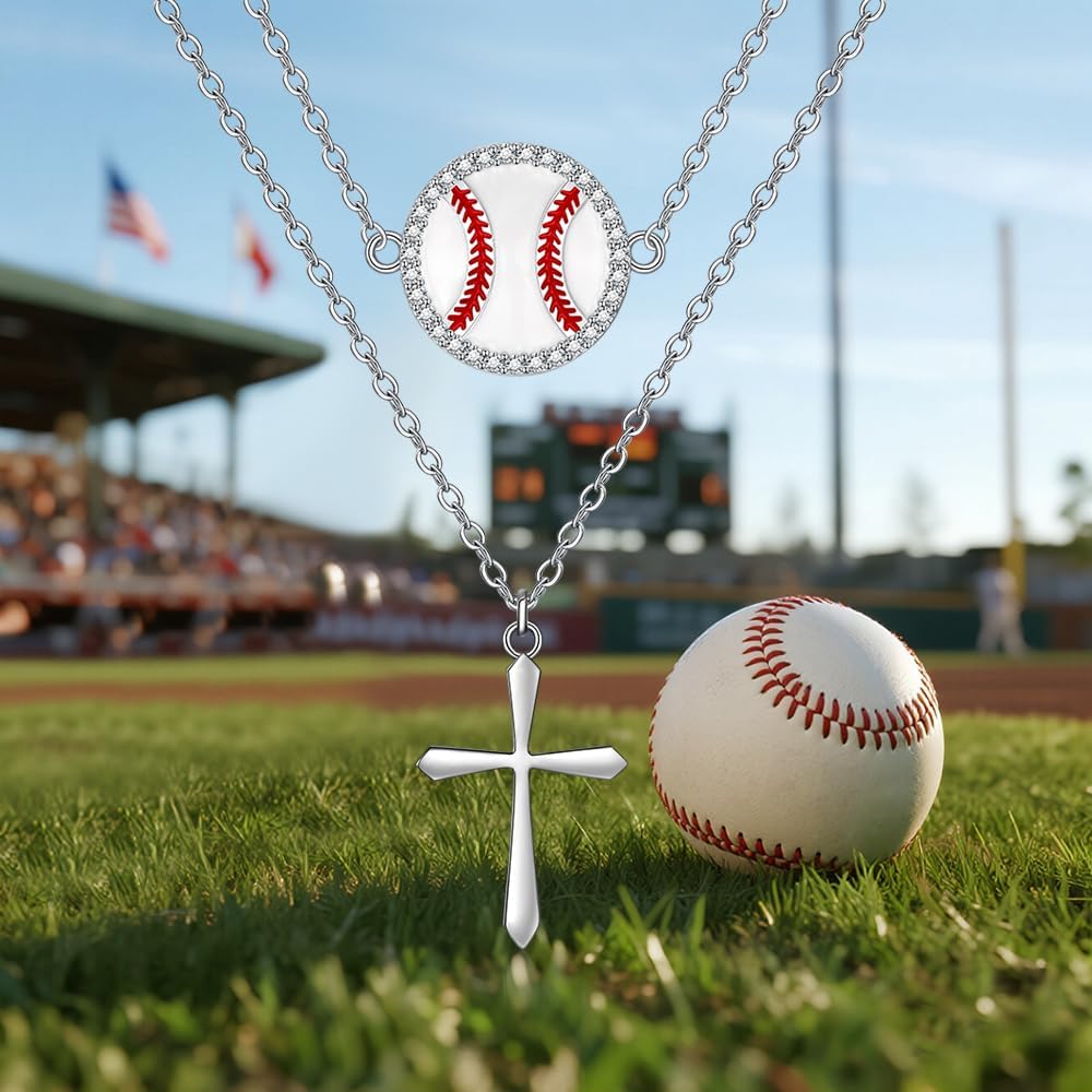 Baseball Cross Necklace Layered Necklaces for Women Sterling Silver Long Layered Trendy Chain Baseball Cross Softball Sports Pendant Jewelry Gifts - Image 4