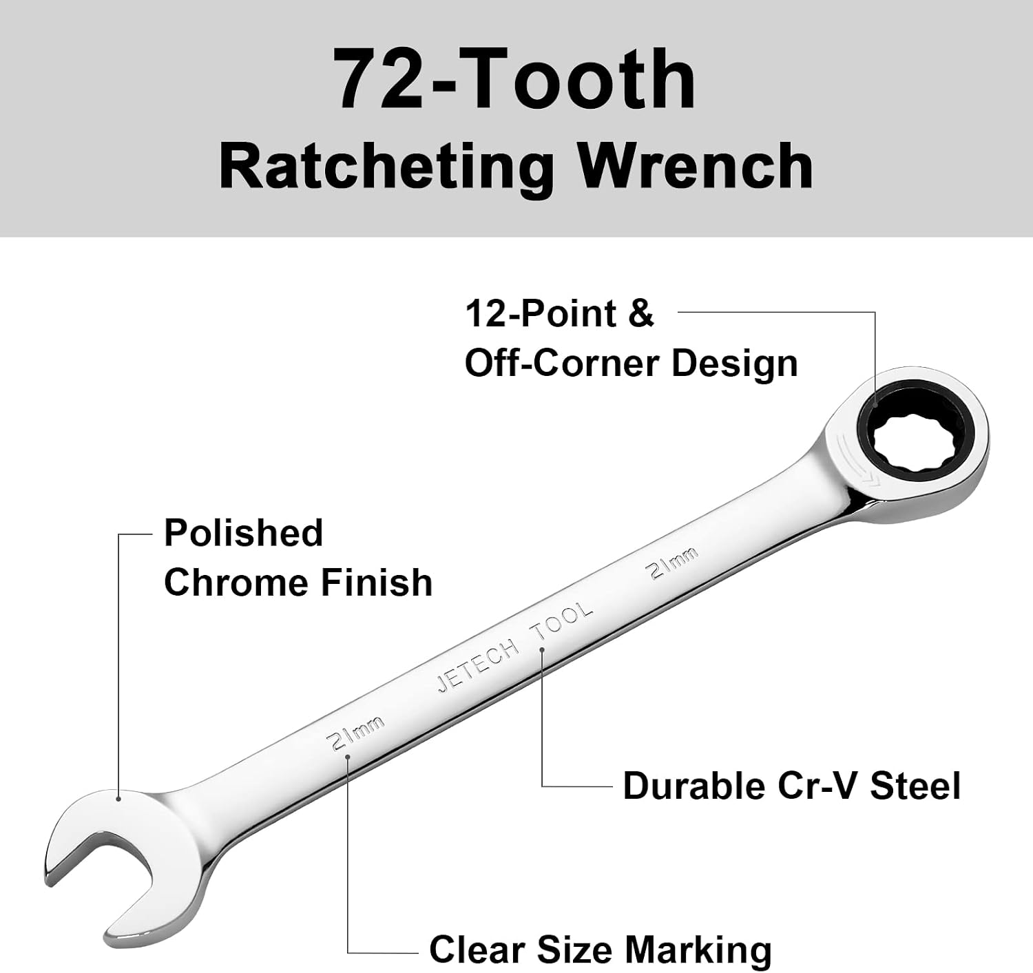 Jetech 21mm Ratchet Wrench, Ratcheting Combination Wrench Metric, Industrial Grade Gear Spanner with 12-Point Design, 72-Tooth Ratchet, Chrome Vanadium Steel