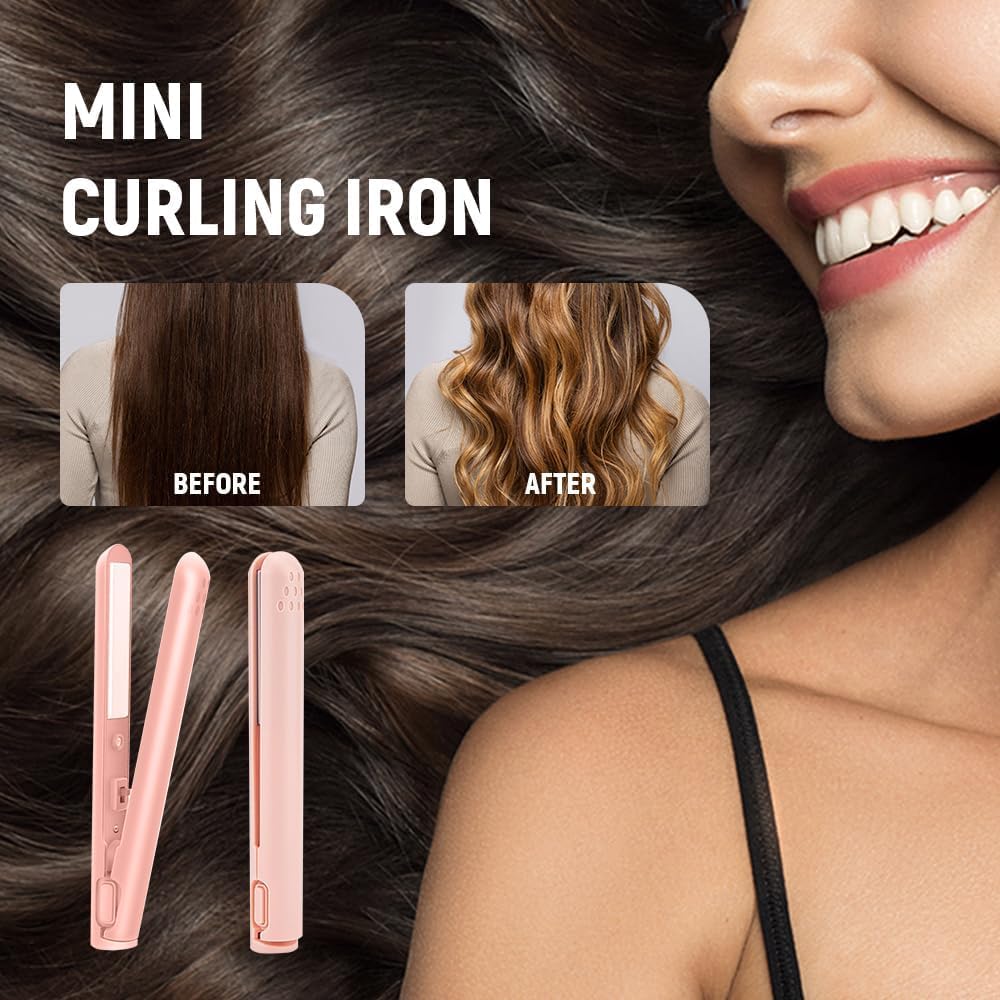 Mini Dual-Purpose Curling Iron, 2024 Curling Iron Portable 2-in-1 Curling Wand and Straightener USB Hair Straightener Curling Iron Cordless Portable Travel Curling Wand for All Hair Types (Pink)
