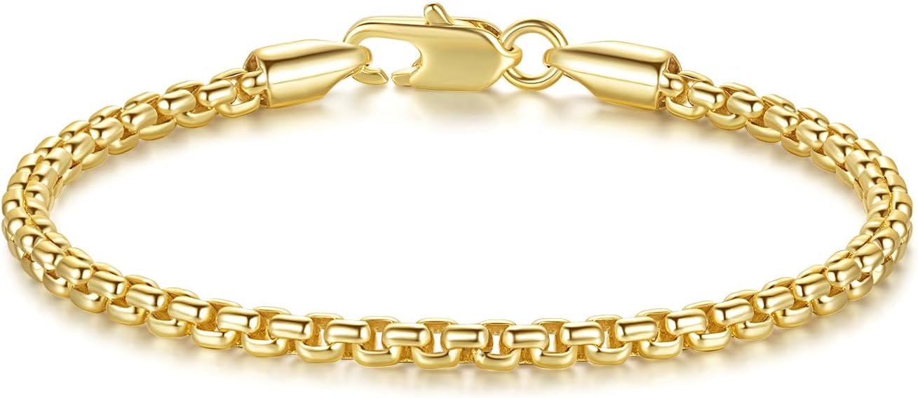 Gold Bracelets for Women Men Bracelet Square Rolo Round Box 14K Gold Chain Bracelet for Women & Men Gold Jewelry 6.5, 7, 7.5, 8, 9 in (9 Inches)