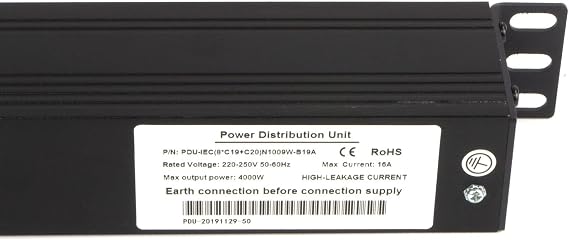 kenable 1U Rack Mount PDU 8 Way C20 Inlet to C19 Sockets Power Distribution Unit 16A 4000W Horizontal 19 Inch Without Surge Protection Black