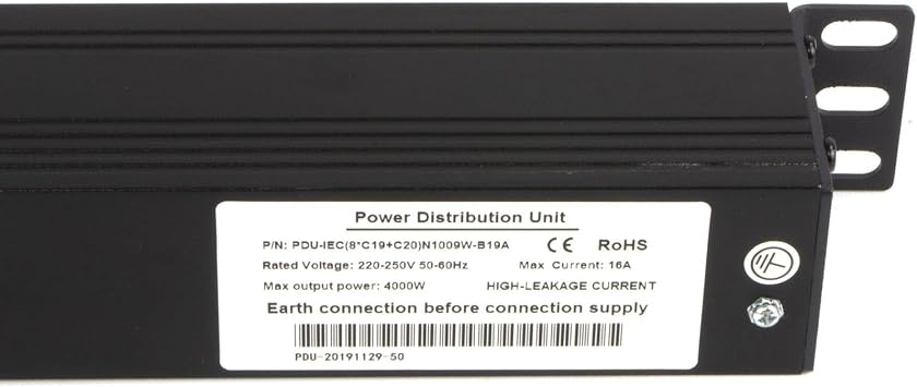 kenable 1U Rack Mount PDU 8 Way C20 Inlet to C19 Sockets Power Distribution Unit 16A 4000W Horizontal 19 Inch Without Surge Protection Black