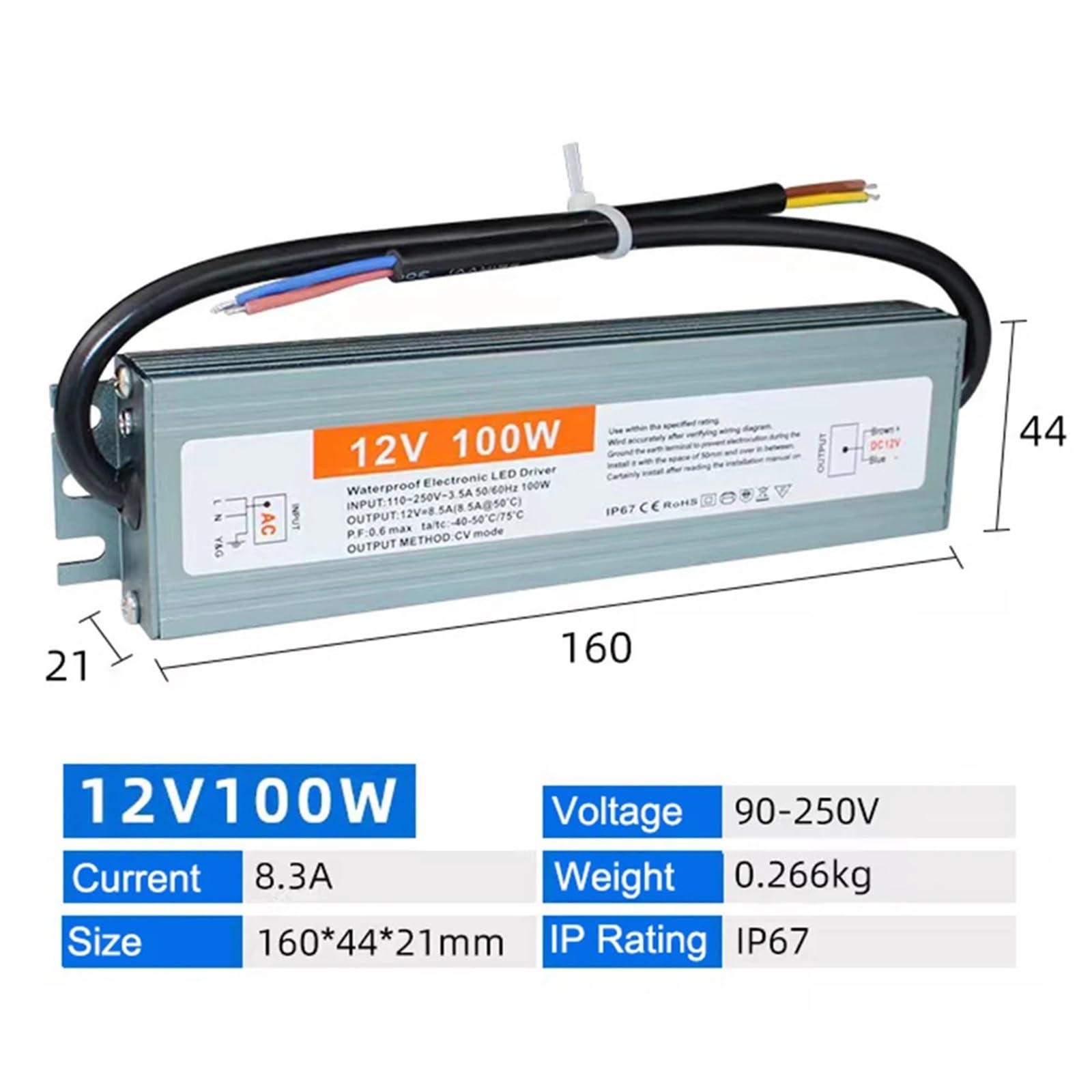 Alimentatore LED impermeabile IP67, adattatore trasformatore ultrasottile AC-DC 12V 24V, 100W 150W 200W 300W 400W(200W 220V Input,12 V)