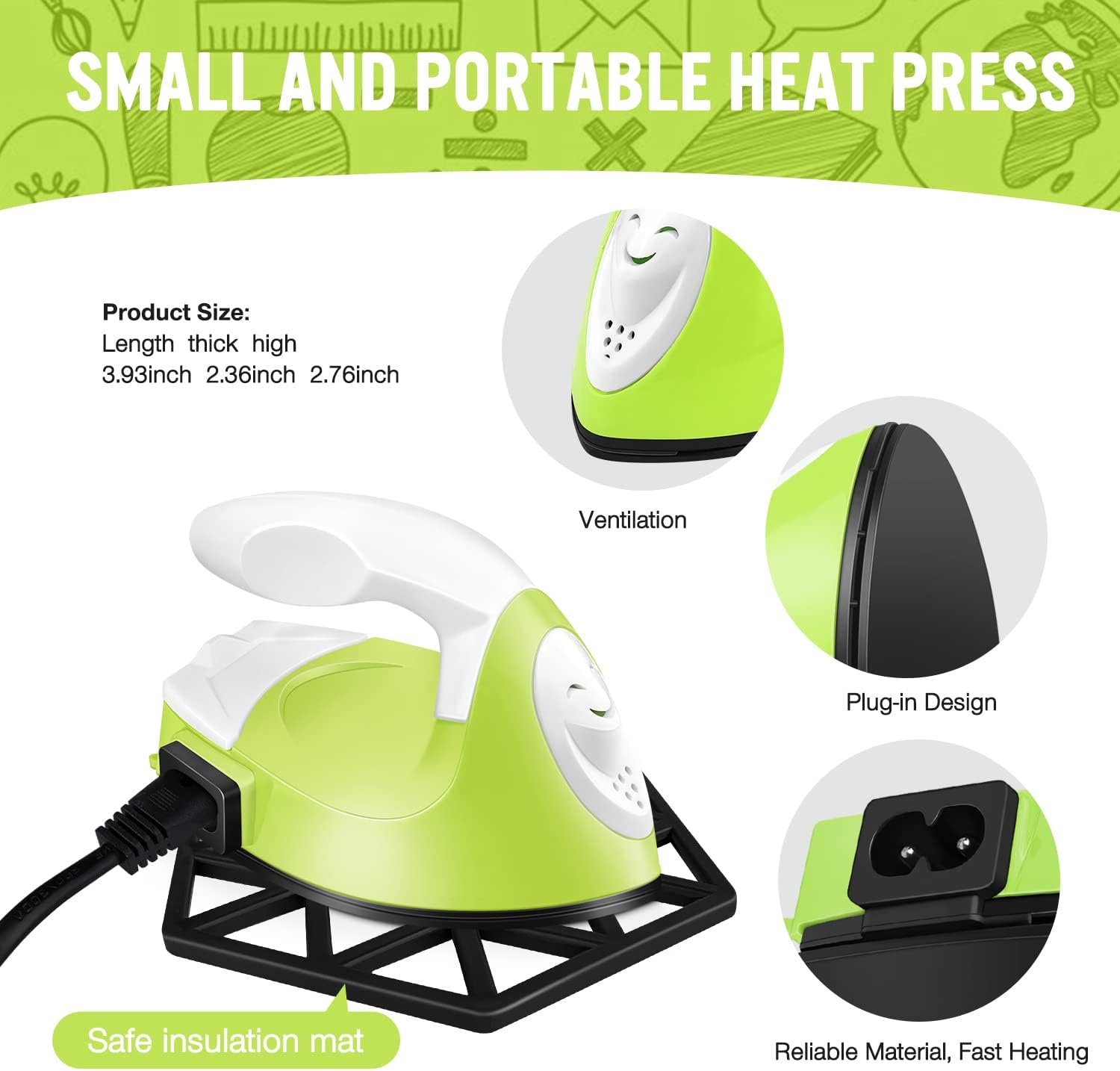 Mini Irons for Crafts, Mini Heat Press Iron Machine Small Iron Mini Iron Heat Transfer, Mini Craft Iron with Silicon Trivets & Charging Base Accessories for DIY T-Shirts Shoes Heat Transfer (Green)