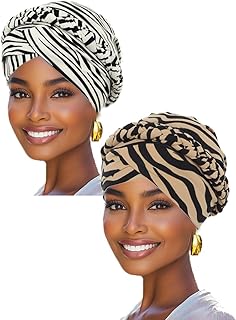 Woeoe 2 Pieces African Turban Head Wraps Leopard Print Chemo Hat Cap Braid Pre-Tied