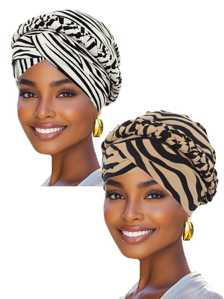 Woeoe 2 Pieces African Turban Head Wraps Leopard Print Chemo Hat Cap Braid Pre-Tied Head Cover Cap Headwear for Women Beige