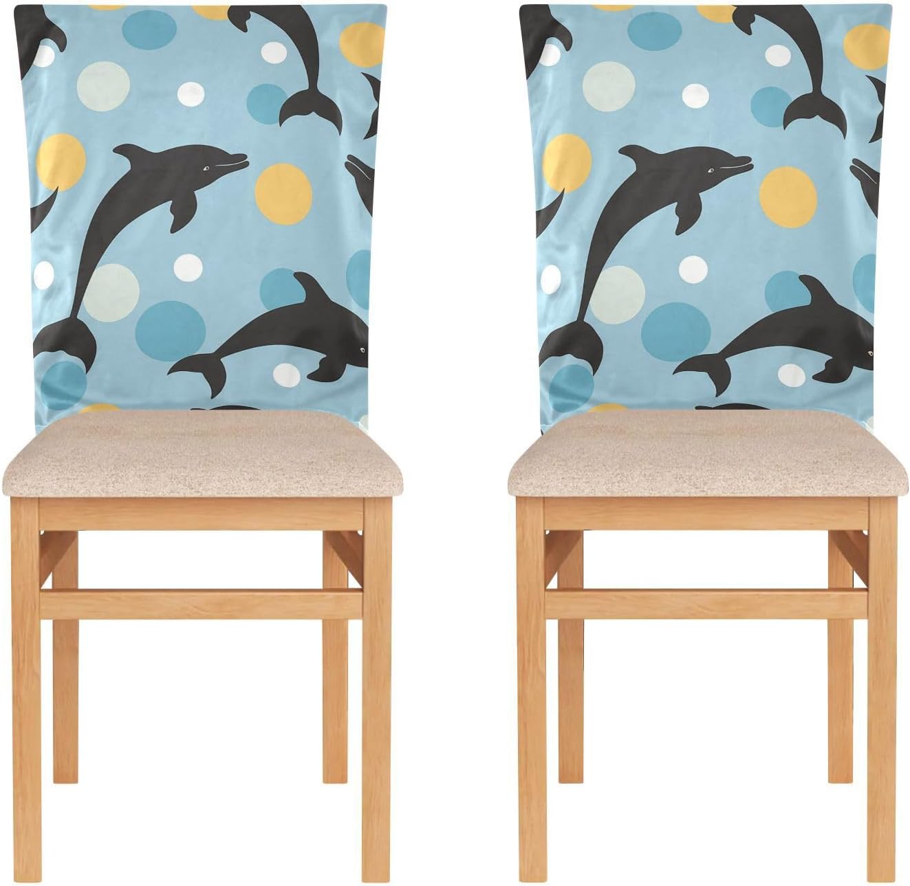 ALAZA Dolphin Silhouette Polka Dots Chair Back Cover Set of 6, Washable Reusable Removable Chair Slipcovers Decorative Chair Cover for Home Kitchen Wedding Party