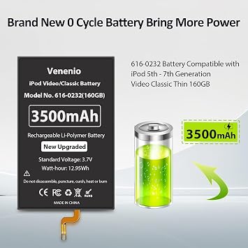 Battery for iPod Classic/Video Thin, 3500mAh High Capacity Replacement Battery Compatible with iPod 5th - 7th Gen Video Classic Thin 160GB with Repair Tool Kitt