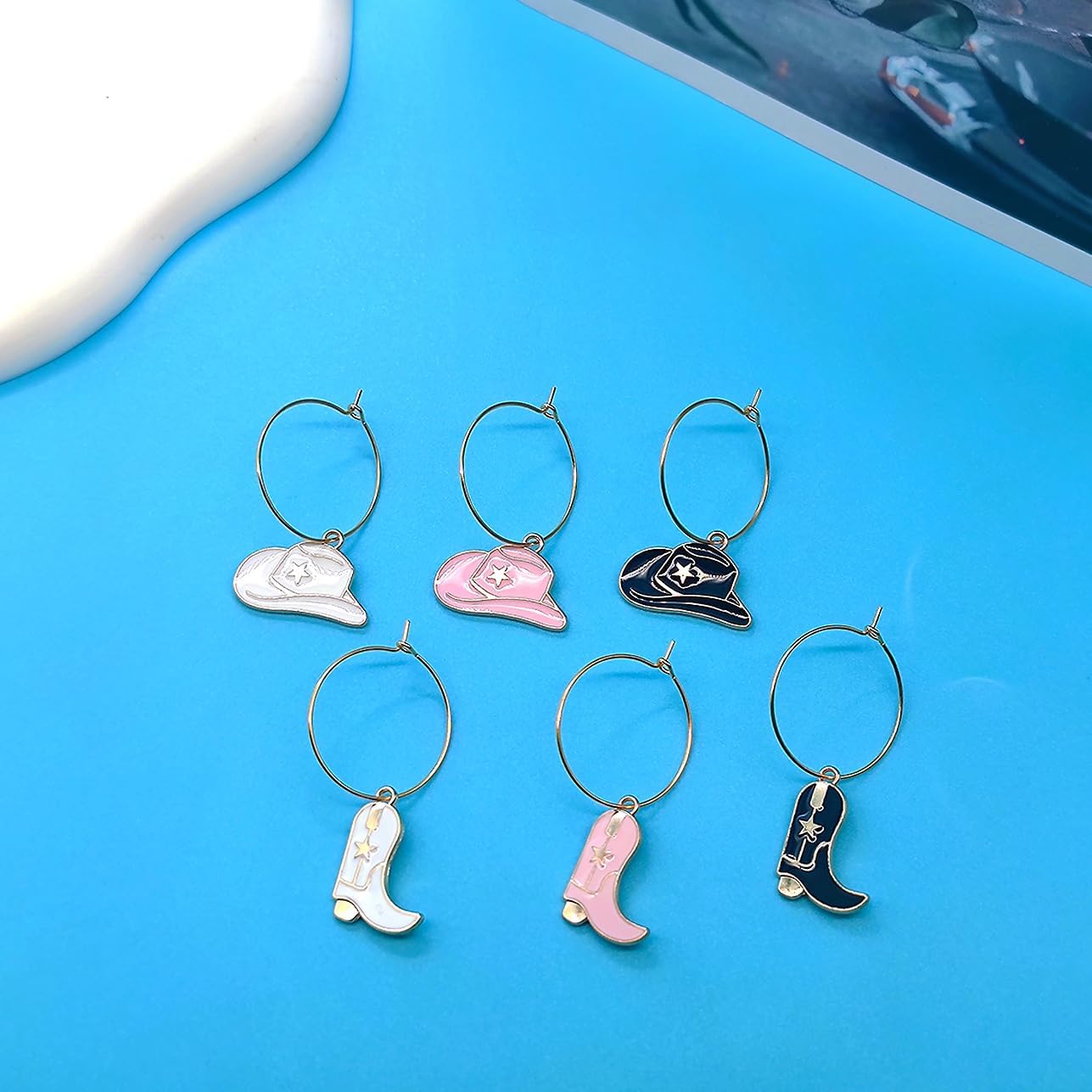 Set of 6 Cute Wine Glass Charms Cowboy Boots Hats Funny Wine Markers for Stem Glasses Party Favors Decorations