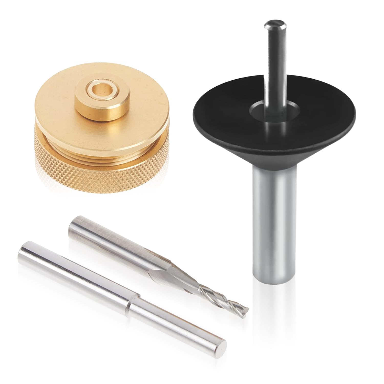 POWERTEC 72132V Solid Carbide Downcut Spiral Router Bit 1/4 Shank with Router Bushing, Collar, Alignment Pin, and Router Base Plate Centering Pin and