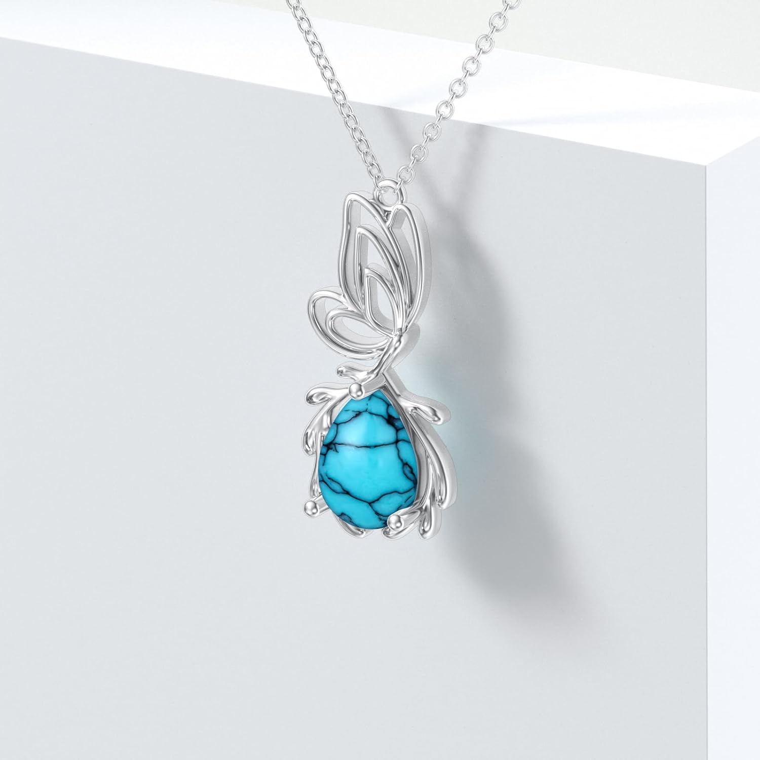 Sterling Silver Turquoise Necklace Butterfly Necklace Pear Turquoise Gemstone Pendant for Ladies Bride Chain Jewelry Birthday Valentine's Day and Christmas Gifts - Image 2