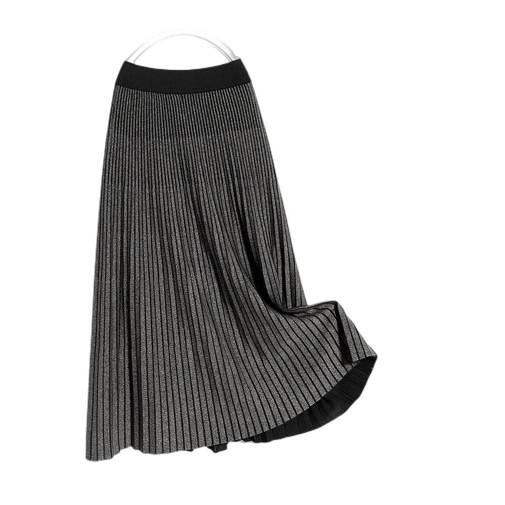 Damen Strickrock,Damen-Midirock, Grau, Elastisch, Mit Hoher Taille, Gestrickter Plissee-Faltenrock, Vintage-A-Linie, Schaukel, Gerüscht, Herbst-Winter, Lange Röcke Für Mädchen, Damen