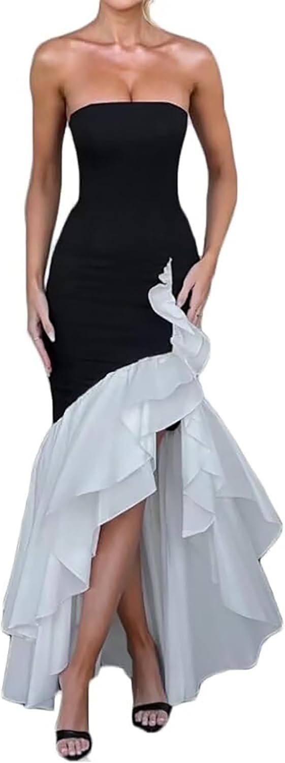 Strapless Satin Prom Dresses Long Mermaid Ball Gown with Slit Ruffle Evening Party Gown