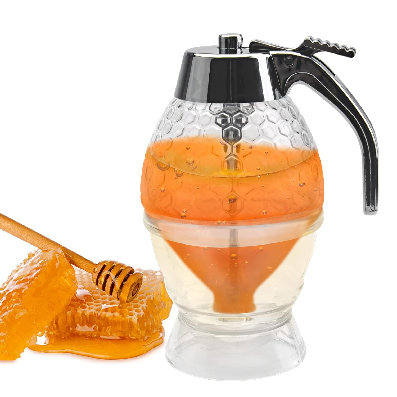 ZoeQide Honigspender Glas 180ml - Tropffrei Mit Press-Ausgießer & Deckel