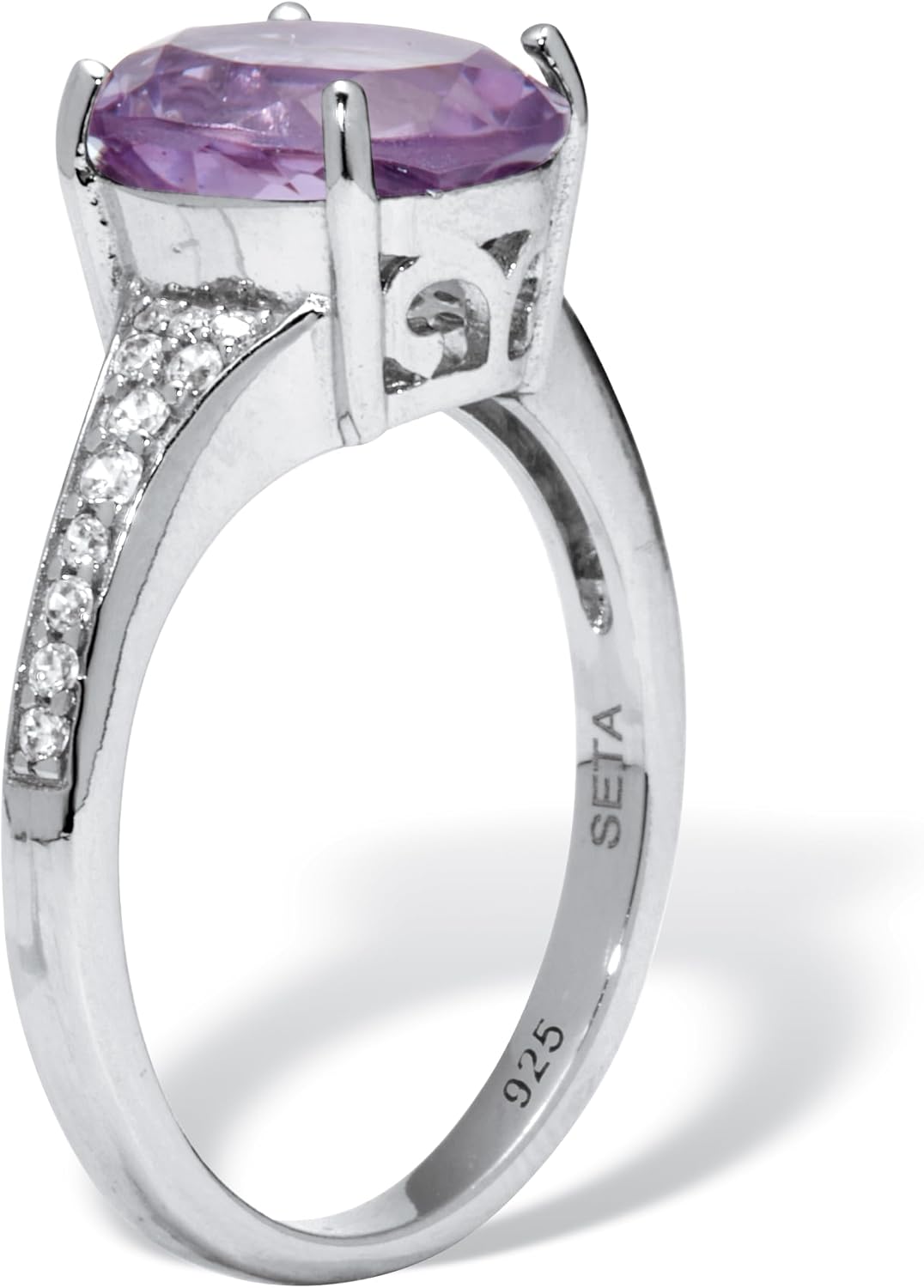 PalmBeach Sterling Silver Oval Cut Genuine Purple Amethyst and Round Cubic Zirconia Ring Sizes 6-10