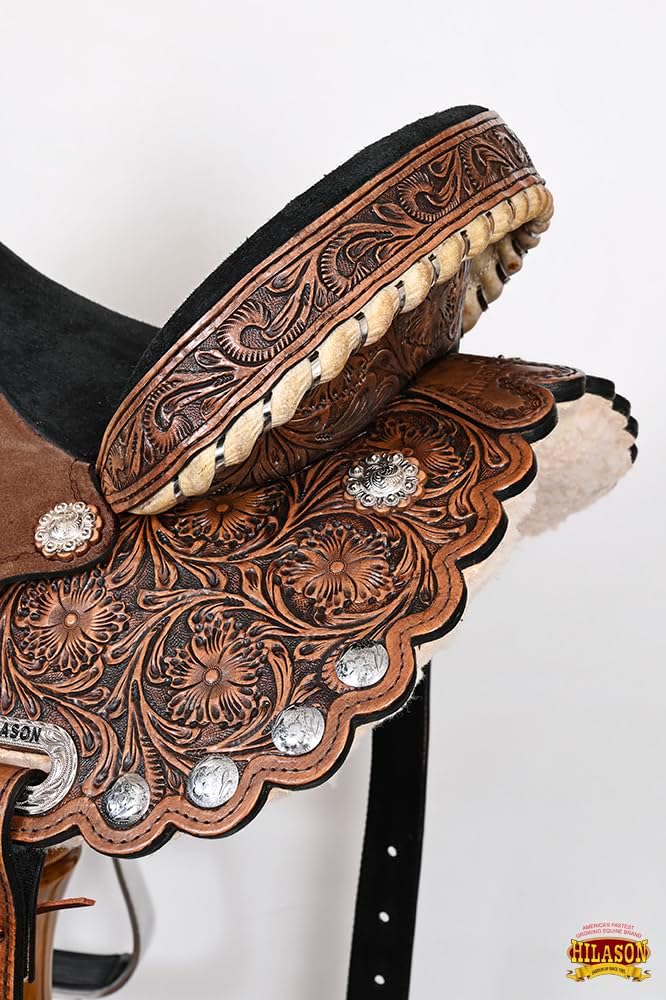 HILASON Flex Tree Western Horse Saddle American Leather Trail Barrel Dark Brown with Floral Hand Carved