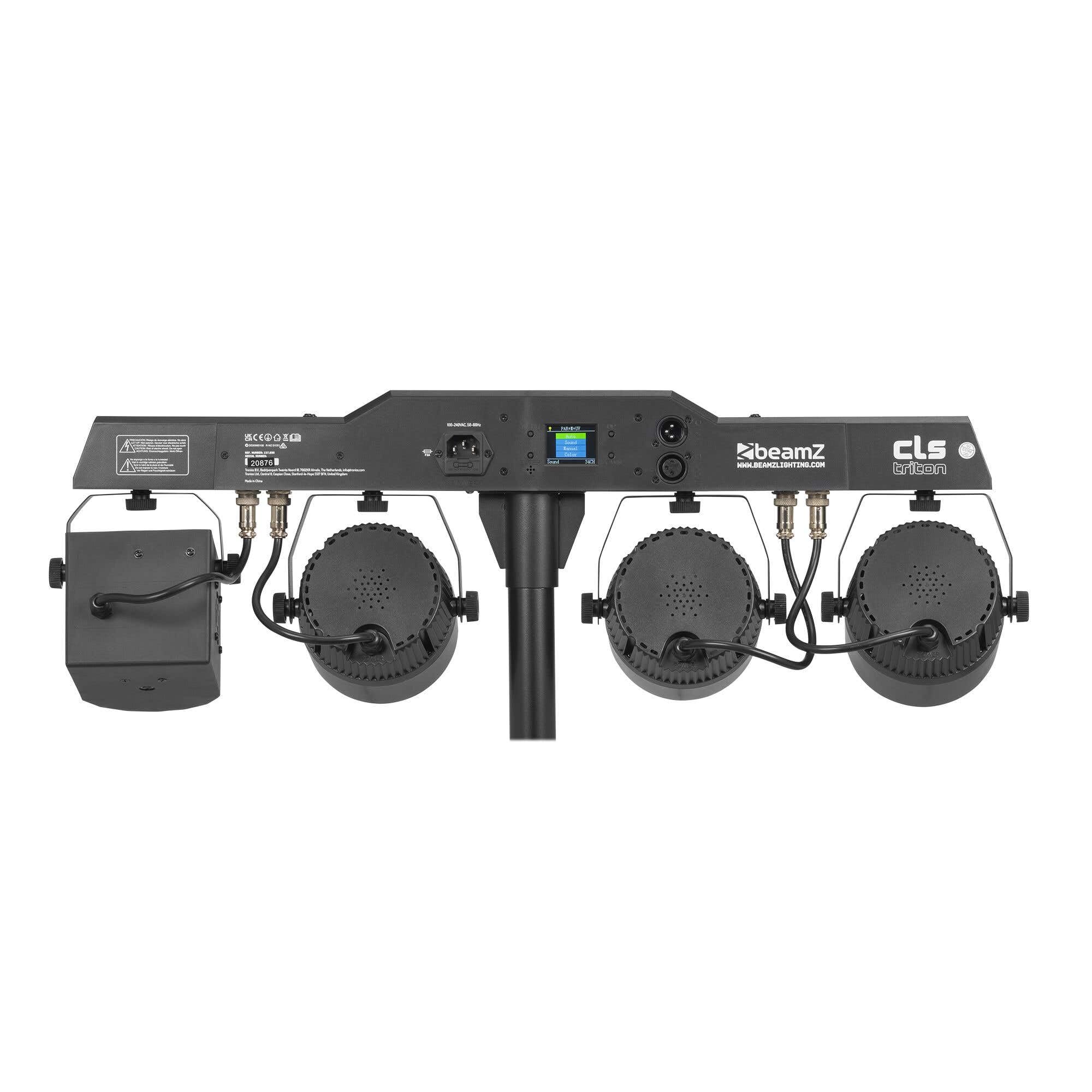 BeamZ CLS Triton Party Bar con par led rgbw, derby, luz estroboscopica y jelly moon, barra led dj con tripode, dmx 512, luces discoteca para casa, luces dj y luces escenario