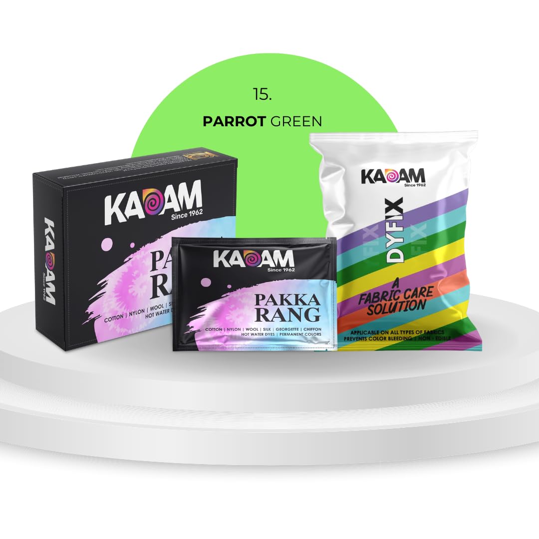 Kadam Pakka Rang Fabric Dye for Clothes Permanent, Fabric Colour Dye Clothes, Cloth Dye Powder, Fabric Dye Clothes, 10 sachets of Shade 15 Parrot Green Colour & 5 sachets of DyFix Color Fixer