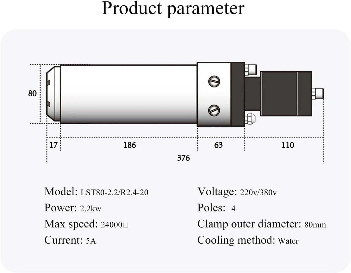 2.2KW ISO20 Automatic Spindle Motor Water Cooled Spindle 220V 380V Diameter 80mm for CNC Machine Tool Milling Machining Center(2.2KW 380V 24000RPM)