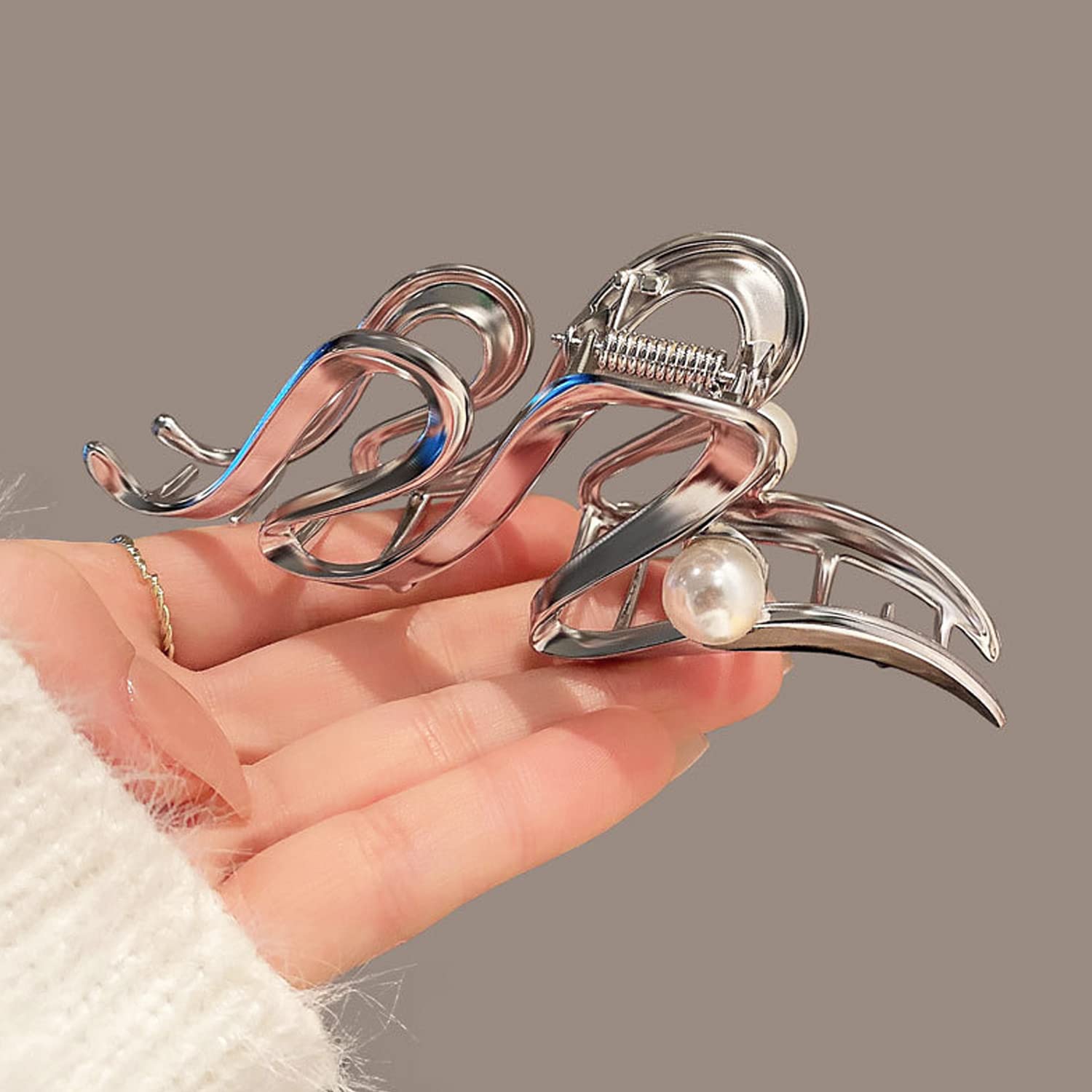 Silver Ribbon Hair Clips Metal with Pearl Hair Accessories for Women Girls Elegant Curve Wave Hair Claw Clips Shiny Hairpins Strong Hold Nonslip Hair Clip for Thick or Thin Hair Goddess Look 1 Pcs image 4