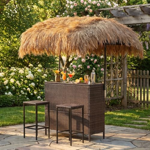 Outdoor Tiki Bar Set with Widen Hula Thatched Shade(48" L), 3-Piece Wicker Outside Tiki Bars with 2 Stools, Hawaiian Style Beach Outside Bars for Patio, Garden, Poolside, Backyard (Brown)