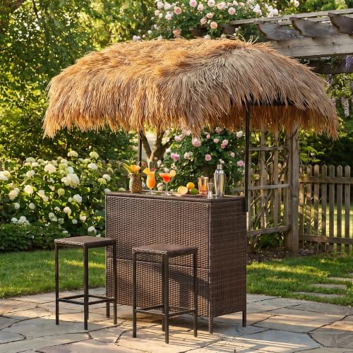 Outdoor Tiki Bar Set with Widen Hula Shade
