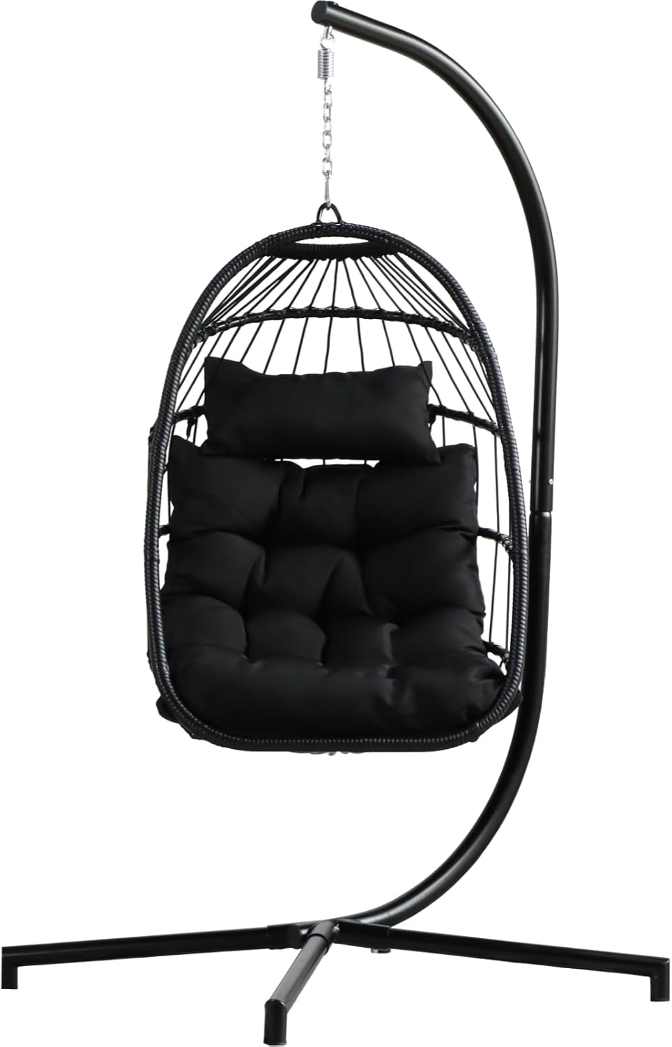 Egg Chair with Stand, Wicker Hammock Chair for Patio, All-Weather Foldable Hanging Chair Includes Cushion & Rope Back, for Indoor & Outdoor Use Black