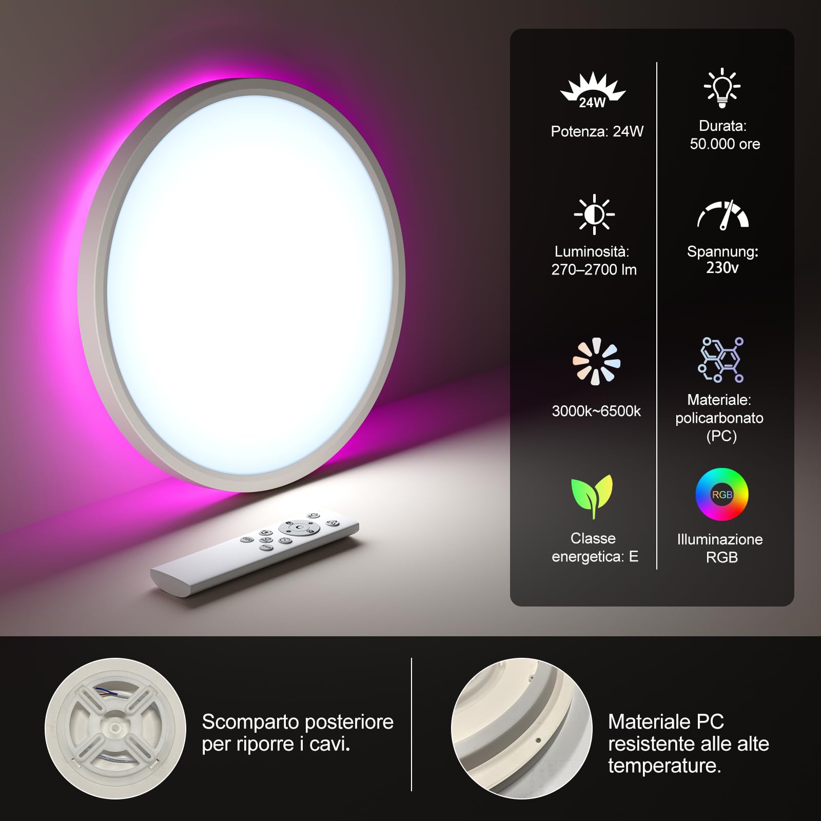 DetarZinLED Plafoniera LED Soffitto Camera da Letto, 24W 2700LM 30cm Lampada da Soffitto Tonda Dimmerabile con Telecomando, Lampadario Bagno IP44 Impermeabile, Luci RGB Colorate per Corridoio Interno